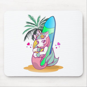Unicorn with surfboard on the beach mouse mat