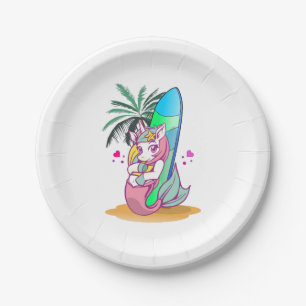 Unicorn with surfboard on the beach paper plate