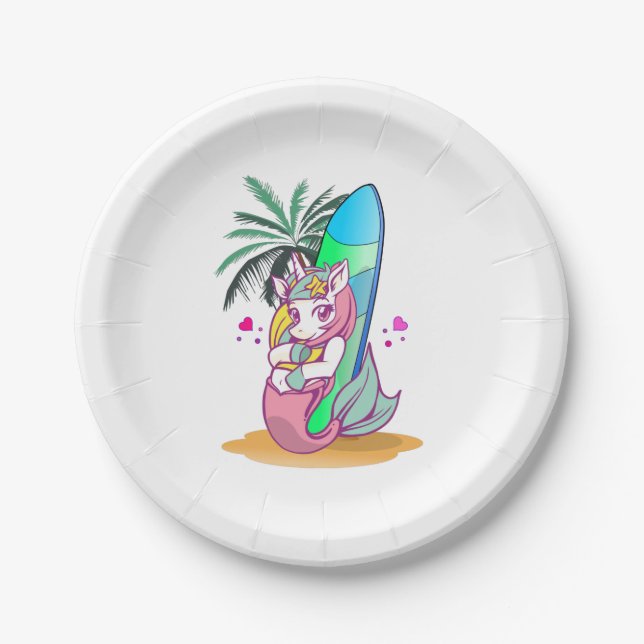 Unicorn with surfboard on the beach paper plate (Front)
