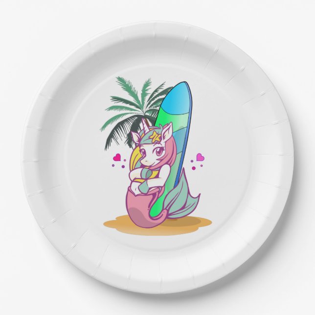 Unicorn with surfboard on the beach paper plate (Front)