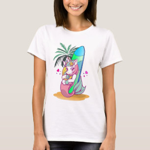 Unicorn with surfboard on the beach T-Shirt