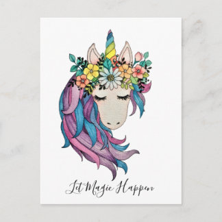 Unicorn With Wild Flowers In Watercolor Postcard