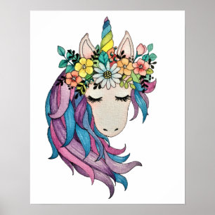 Unicorn With Wild Flowers In Watercolor Poster