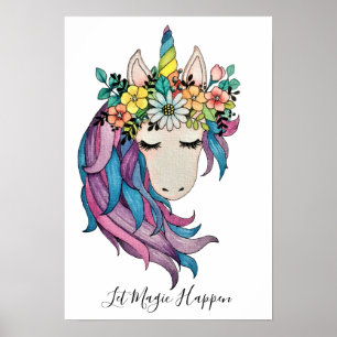 Unicorn With Wild Flowers In Watercolor Poster