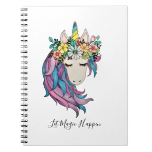 Unicorn With Wildflowers In Watercolor Notebook