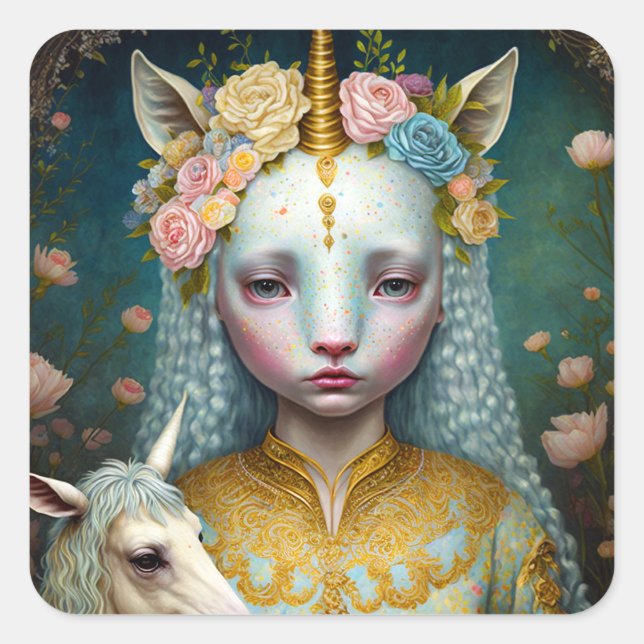 Unicorn Woman Fantasy Art Square Sticker (Front)