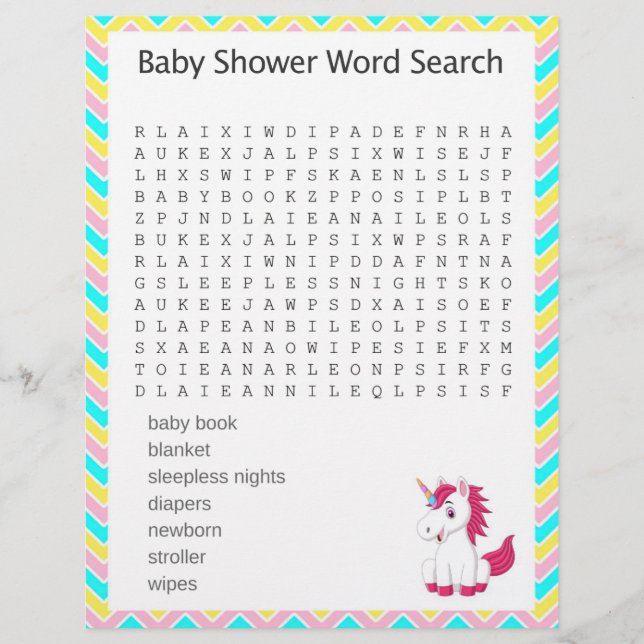 Unicorn Word Search Baby Shower Game (Front)