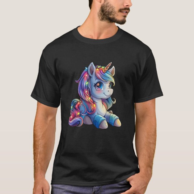 Unicorn Wrapped In Christmas Lights Unicorn Xmas K T-Shirt (Front)