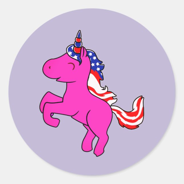 Unicorn Yarrow Pink Patriotic USA Flag Mane Art Classic Round Sticker (Front)