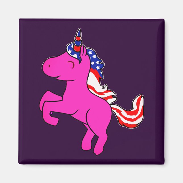Unicorn Yarrow Pink Patriotic USA Flag Mane Art Magnet (Front)