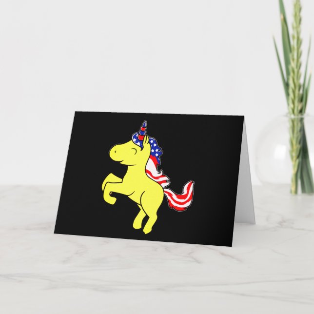Unicorn Yellow Patriotic USA Flag Mane Cartoon Card (Front)