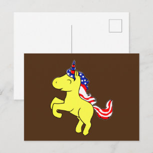 Unicorn Yellow Patriotic USA Flag Mane Cartoon Postcard
