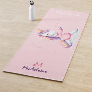 Unicorn Yoga Pose Pastel Pink Cute Name Monogram Mat