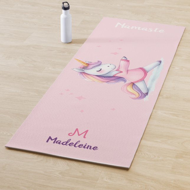 Unicorn Yoga Pose Pastel Pink Cute Name Monogram Yoga Mat (In Situ)