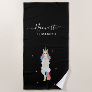 Unicorn yoga poses black cute fun Namaste name Beach Towel