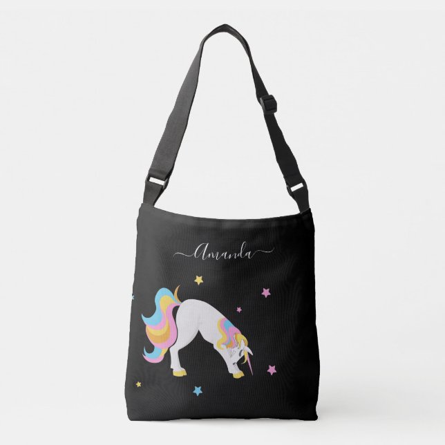 Unicorn yoga poses black name fun cute crossbody bag (Front)