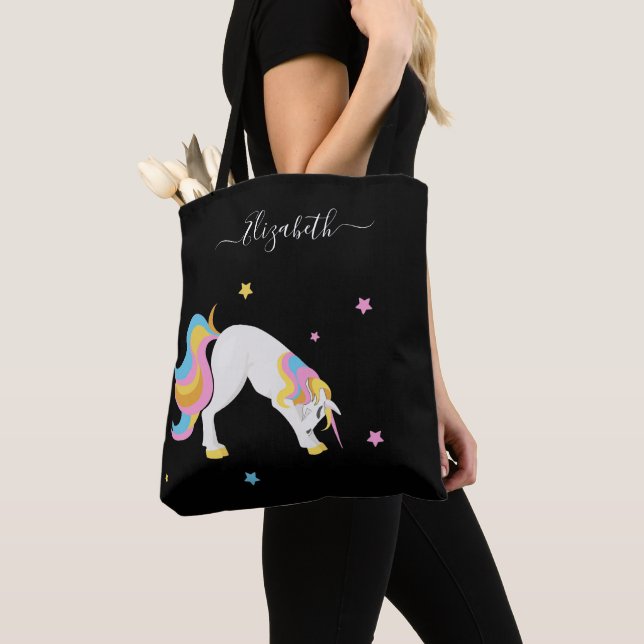 Unicorn yoga poses cute fun black name tote bag (Close Up)