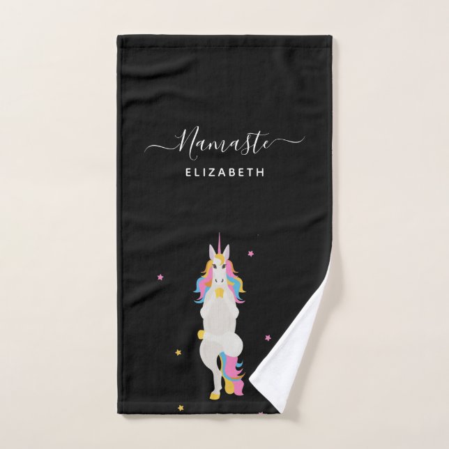 Unicorn yoga poses fun black Namaste name Bath Towel Set (Hand Towel)