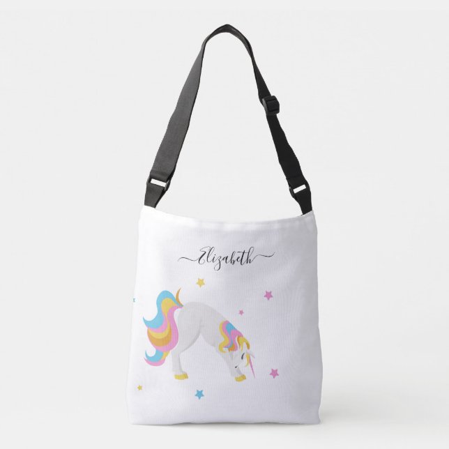 Unicorn yoga poses fun white name crossbody bag (Front)
