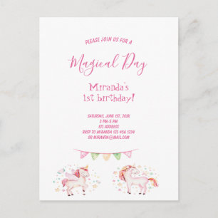 Unicorns 1st birthday party girl invitation postcard