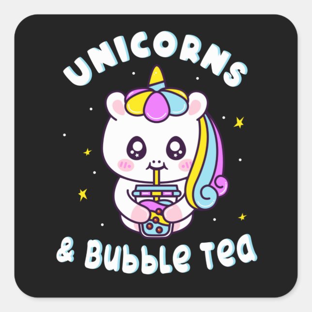 Unicorns And Bubble Tea Chibi Cute Unicorn Square Sticker (Front)