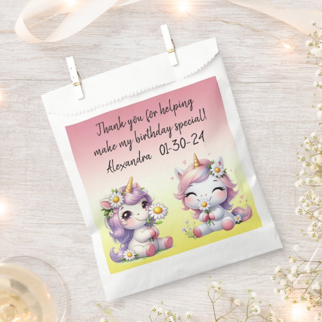 Unicorns and daisies, birthday party thank you favour bags (Clipped)