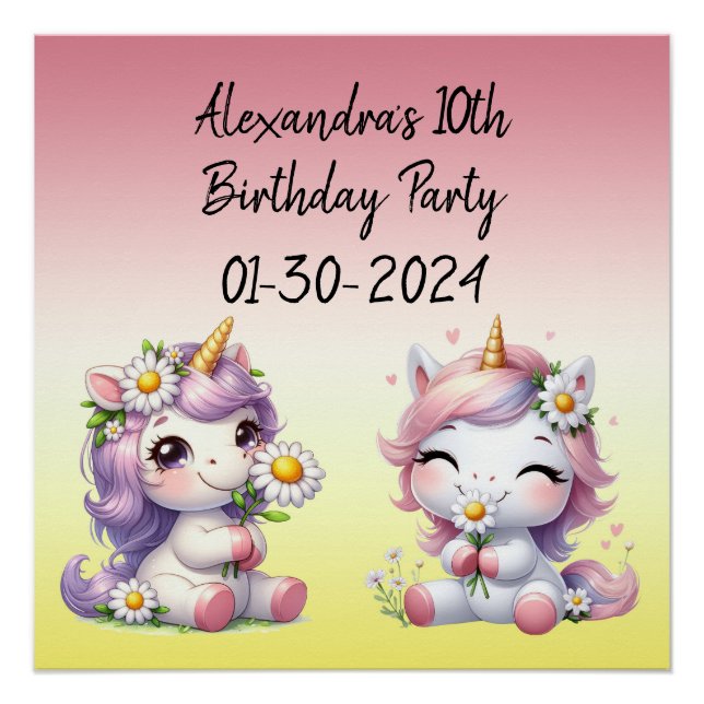 Unicorns and daisies, child birthday party Glossy Poster (Front)