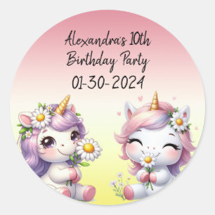 Unicorns and daisies, child's birthday party classic round sticker