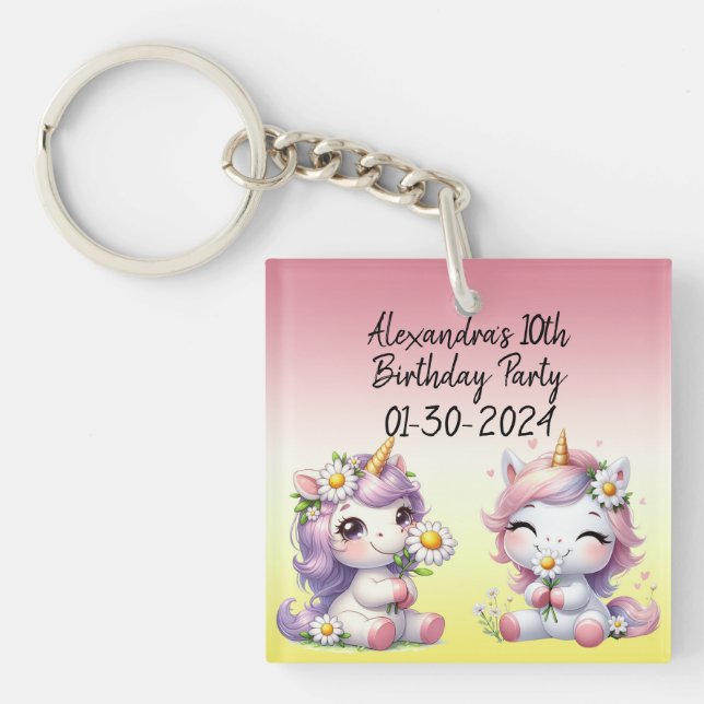 Unicorns and daisies, child's birthday party key ring (Front)