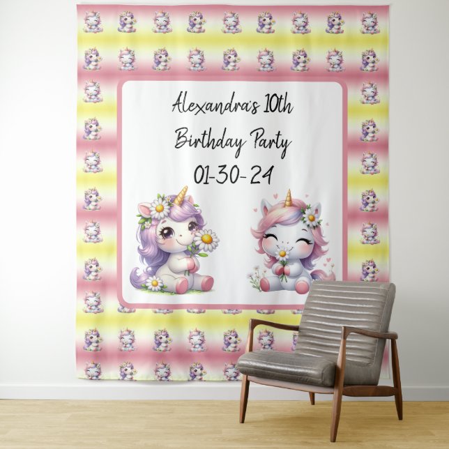 Unicorns and daisies, child's birthday party tapestry (In Situ)