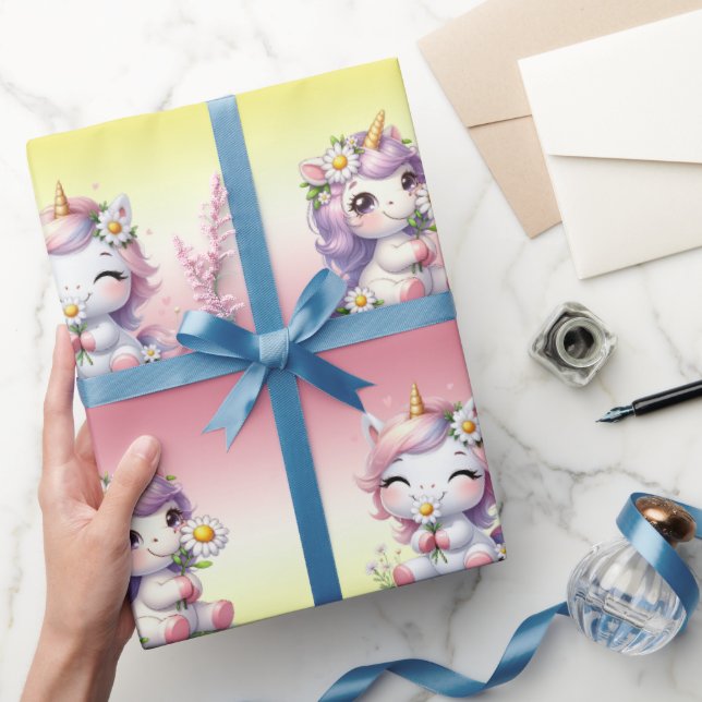 Unicorns and daisies, child's birthday party wrapping paper (Gifting)