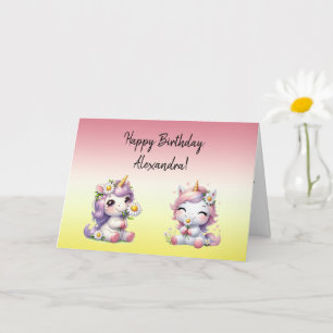 Unicorns and daisies, "Happy Birthday" Card