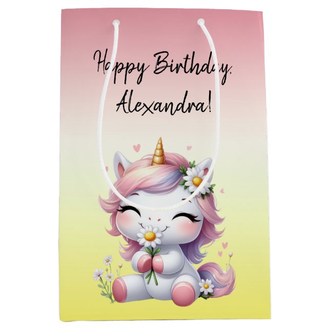 Unicorns and daisies, "Happy Birthday"  Medium Gift Bag (Front)