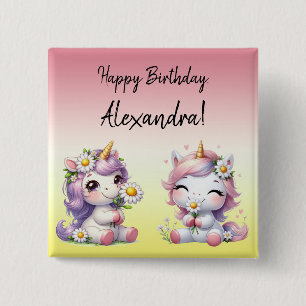 Unicorns and daisies, "Happy Birthday" party 15 Cm Square Badge