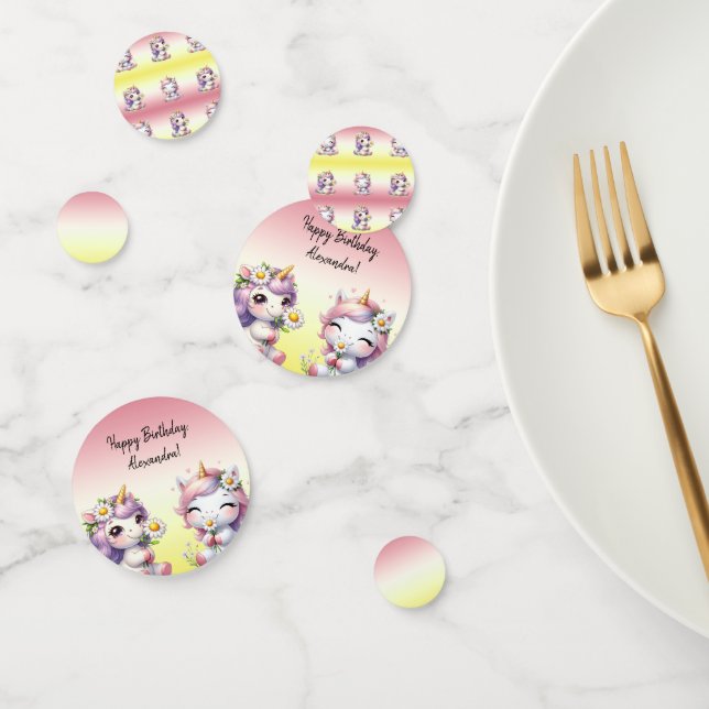 Unicorns and daisies, "Happy Birthday" party Confetti (Group)