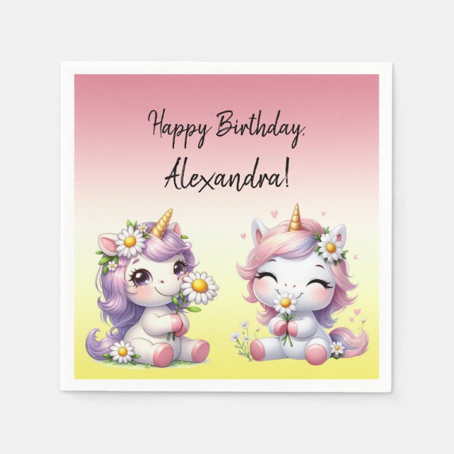 Unicorns and daisies, "Happy Birthday" party Napkin (Front)