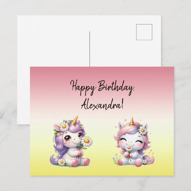Unicorns and daisies, "Happy Birthday" Postcard (Front/Back)