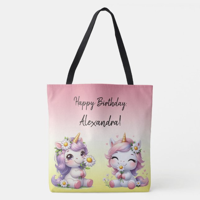 Unicorns and daisies, "Happy Birthday" Tote Bag (Front)