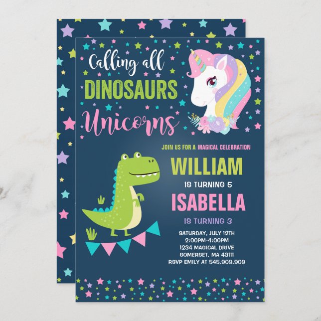 Unicorns And Dinosaurs Birthday Invitation Magical (Front/Back)