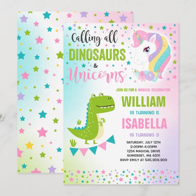 Unicorns And Dinosaurs Birthday Invitation Magical (Front/Back)