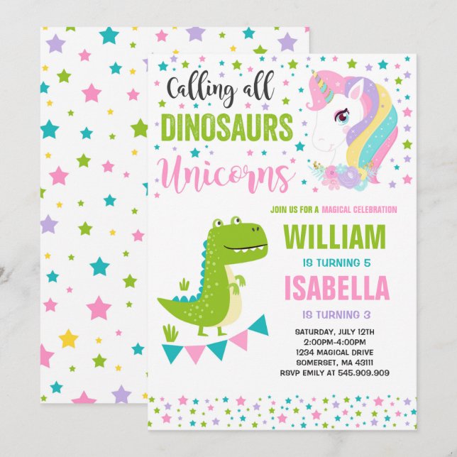 Unicorns And Dinosaurs Birthday Invitation Magical (Front/Back)