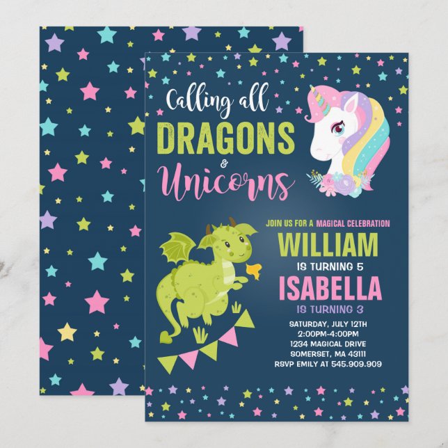 Unicorns And Dragons Birthday Invitation Magical (Front/Back)