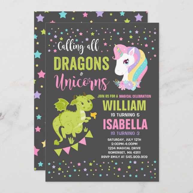 Unicorns And Dragons Birthday Invitation Magical (Front/Back)