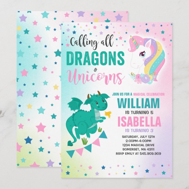 Unicorns And Dragons Birthday Invitation Magical (Front/Back)