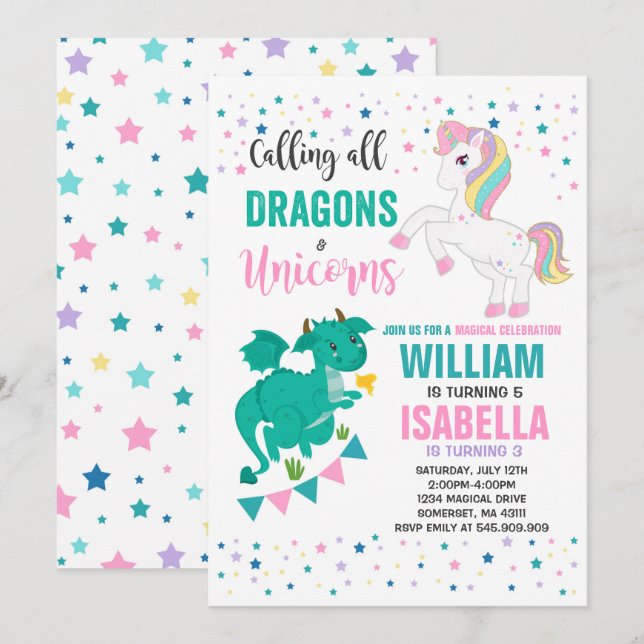 Unicorns And Dragons Birthday Invitation Magical (Front/Back)