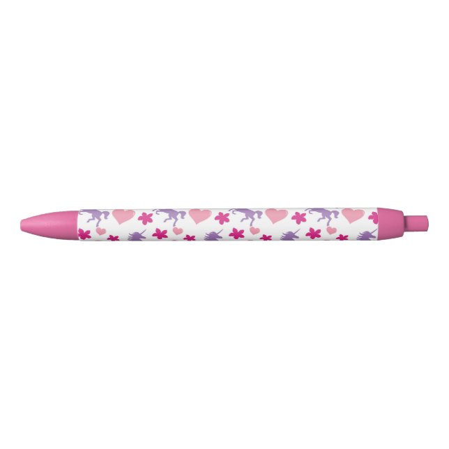 Unicorns and Hearts Pattern Black Ink Pen (Front)
