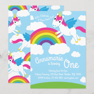 Unicorns and Rainbow 1st Birthday Cute Invitations