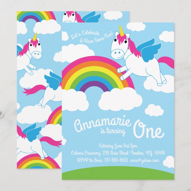 Unicorns and Rainbow 1st Birthday Cute Invitations (Front/Back)