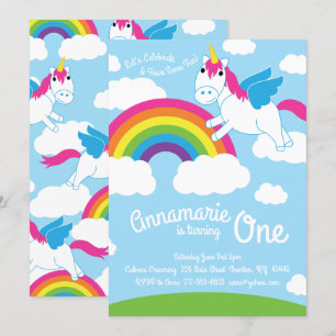 Unicorns and Rainbow 1st Birthday Cute Invitations