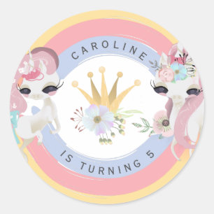 Unicorns and rainbow girl birthday party classic round sticker